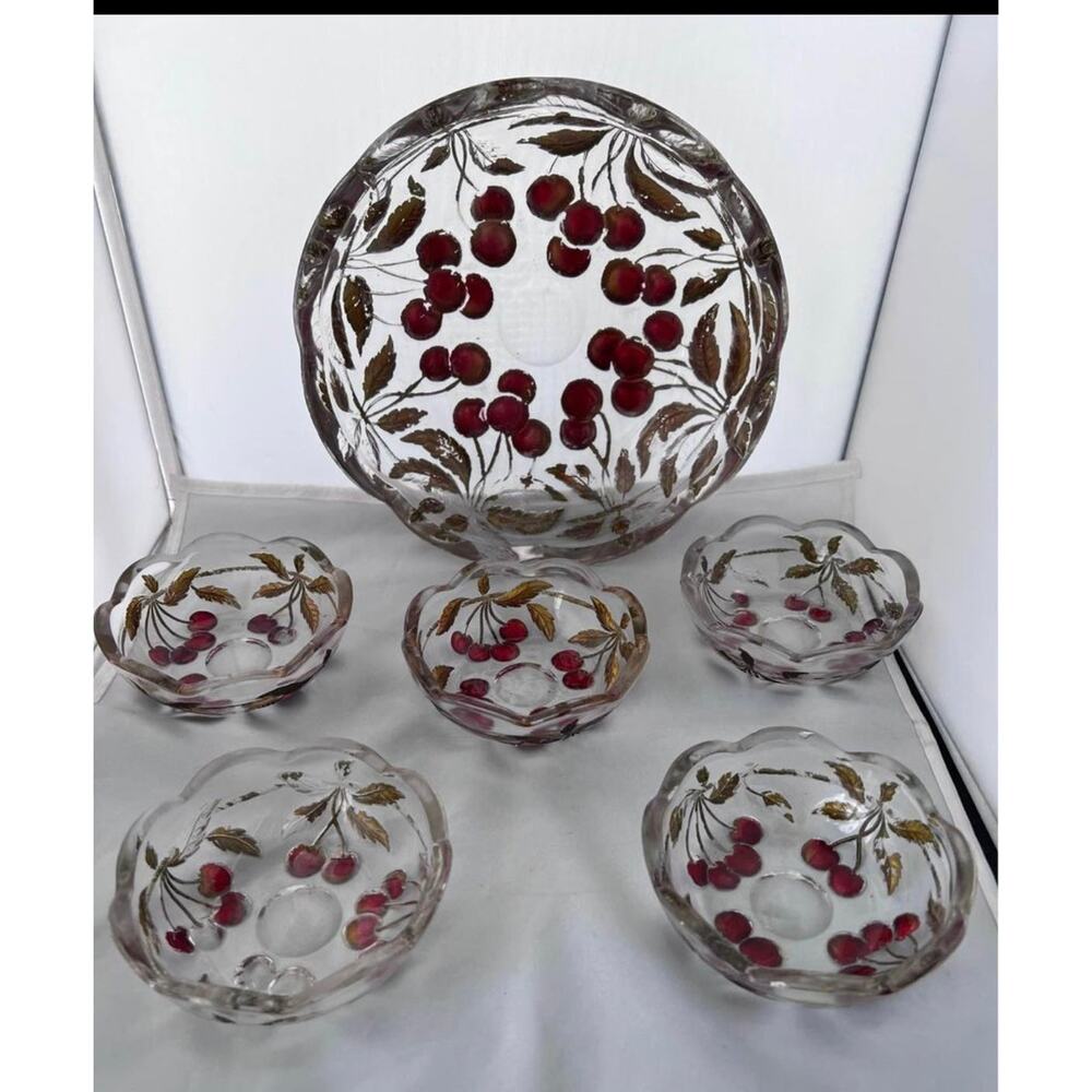 Goofus Glass Cherry Serving Bowl with 5 individual bowls